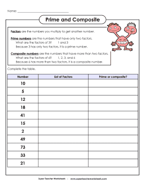 Prime and Composite Number Worksheet