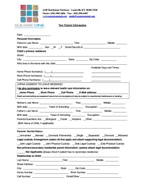 Square One New Patient Information Form