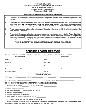 Oklahoma Used Motor Vehicle Complaint Form