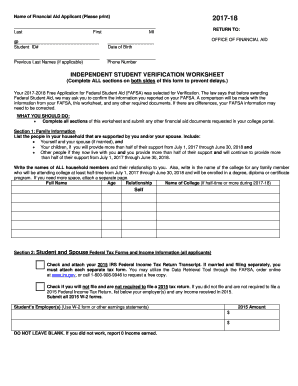 Independent Student Verification Worksheet