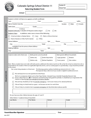Colorado Springs School District 11 Returning Student Form
