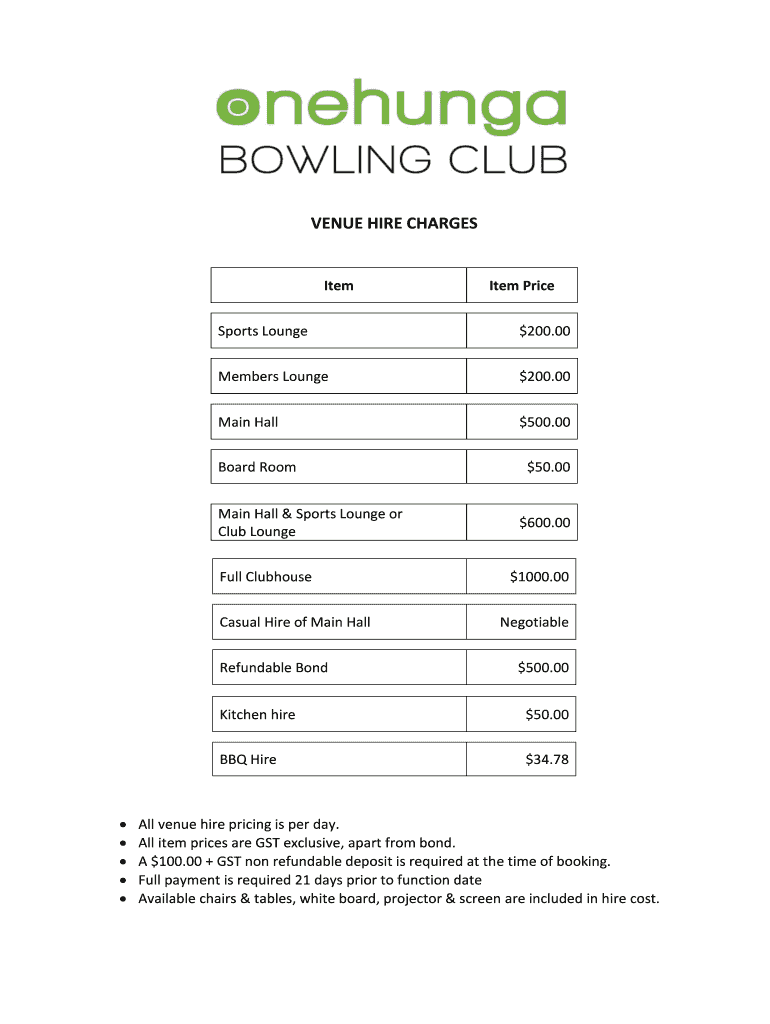 Venue Hire Charges Venue Hire Charges