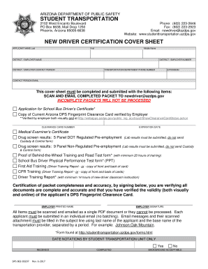 Arizona School Bus Driver Certification Cover Sheet