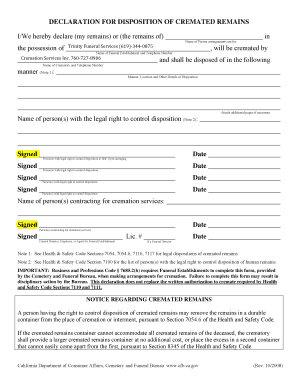 Declaration for Disposition of Cremated Remains