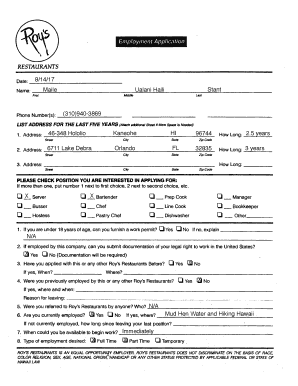 Roy's Restaurants Employment Application