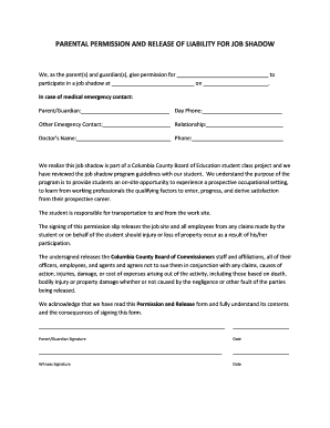 Parental Permission and Release for Job Shadow