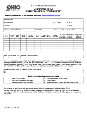 Ohio Abbreviated Adult Student Classroom Training Report