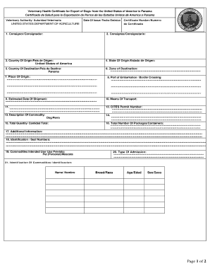 Veterinary Health Certificate for Export of Dogs