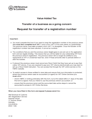 UK VAT 68 Form - Transfer of Business Registration Number