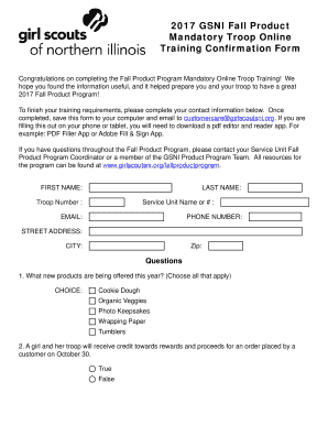 Girl Scouts Fall Product Training Confirmation Form