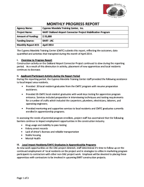 Monthly progress report format - MONTHLY PROGRESS REPORT - bart