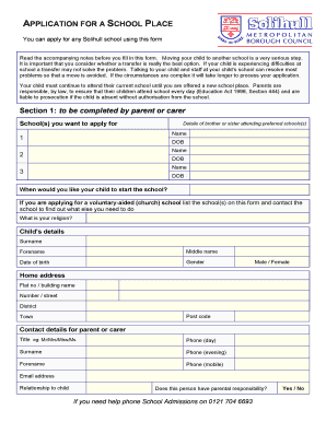 School Place Application Form