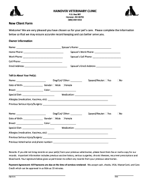 New Client Form for Veterinary Clinic