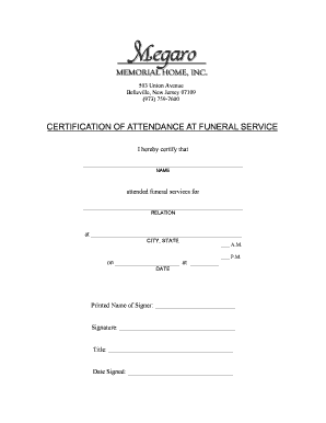 Certification of Attendance at Funeral Service