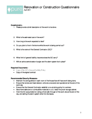 Renovation or Construction Questionnaire