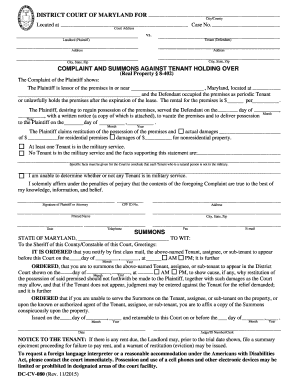 Maryland Tenant Eviction Complaint and Summons