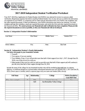 2017-2018 Independent Student Verification Worksheet