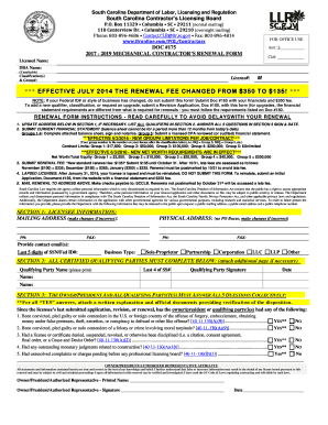 South Carolina Mechanical Contractor Renewal Form