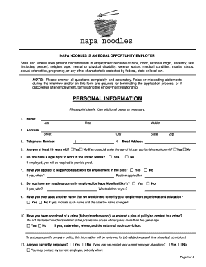 Napa Noodles Employment Application Form