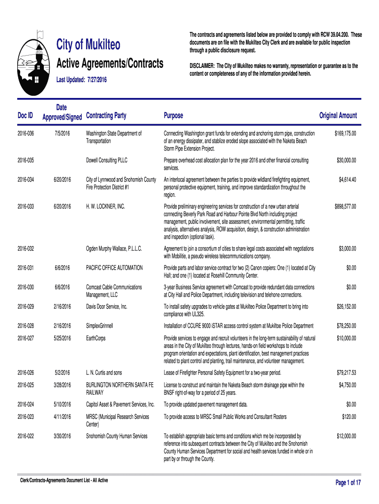 Fillable online the contracts and agreements listed below are provided
