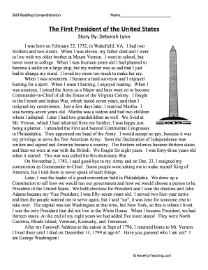 George Washington Reading Comprehension Worksheet