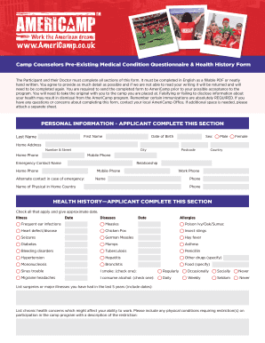 Camp Counselor Medical Condition Questionnaire