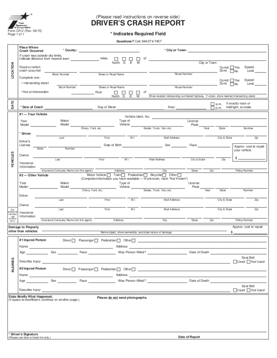 Texas Peace Officer's Crash Report Code Sheet 2023 Form