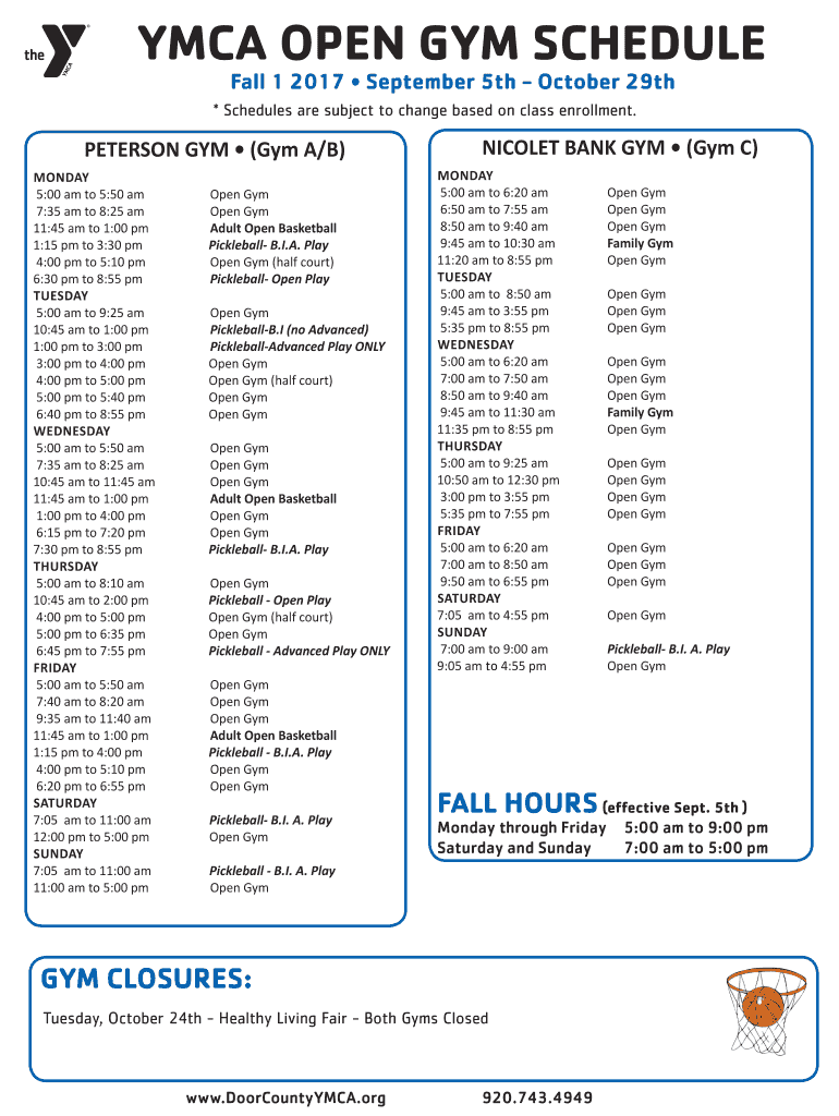 Fillable Online YMCA OPEN GYM SCHEDULE Fax Email Print pdfFiller