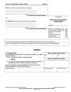 Wisconsin Small Claims Summons and Complaint