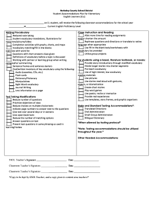 Student Accommodations Plan for Elementary English Learners