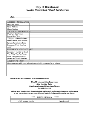 Vacation Home Check Watch List Form