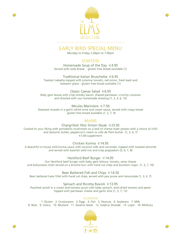 Fillable Online EARLY BIRD SPECIAL MENU Fax Email Print pdfFiller