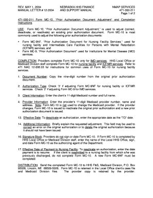 Nebraska Form MC-10 Prior Authorization Adjustment