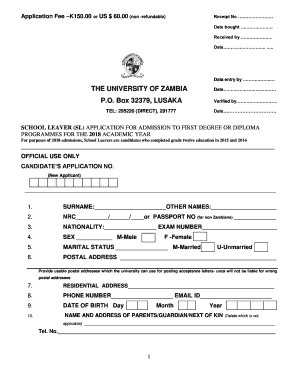 University of Zambia School Leaver Application Form