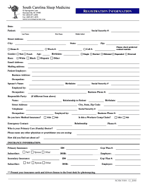 South Carolina Sleep Medicine Patient Registration Form