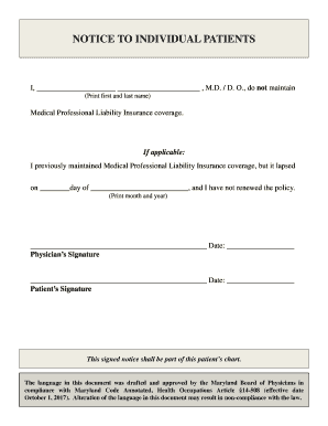 Maryland Physician Notice of No Insurance