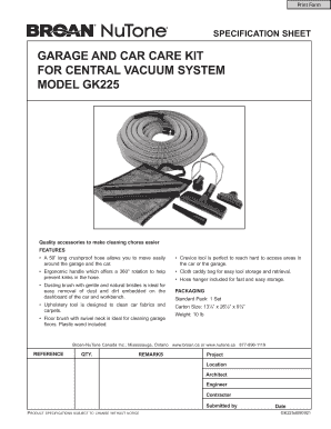 Garage and Car Care Kit Specification Sheet