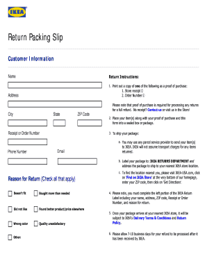 IKEA Return Packing Slip