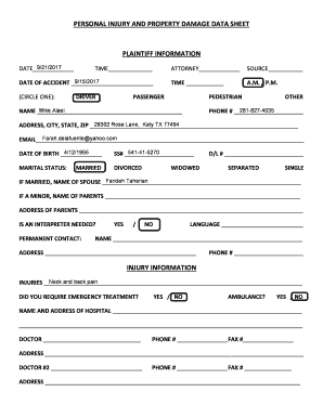 Personal Injury and Property Damage Data Sheet