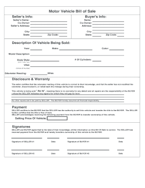 Motor Vehicle Bill of Sale