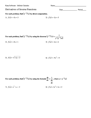 Derivatives of Inverse Functions Worksheet