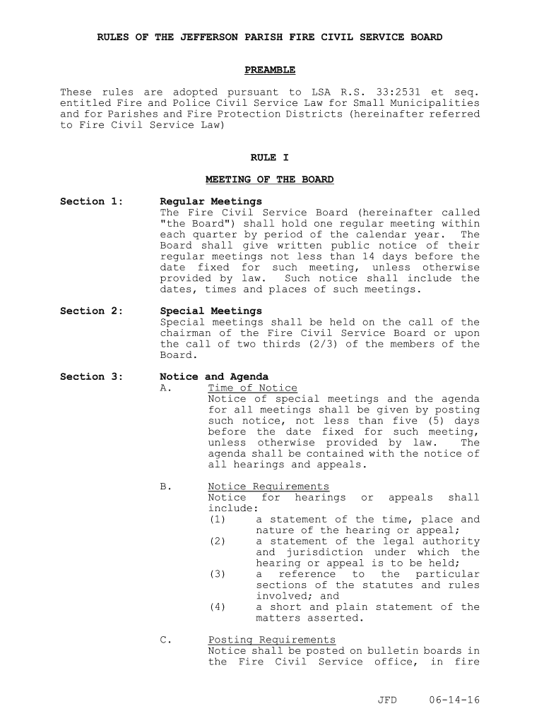 Fillable Online ose louisiana RULES OF THE JEFFERSON PARISH FIRE CIVIL