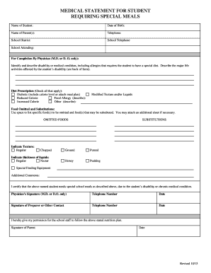 Medical Statement for Student Requiring Special Meals