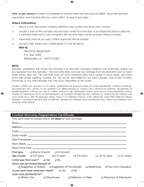 Pool Cover Warranty Registration Certificate