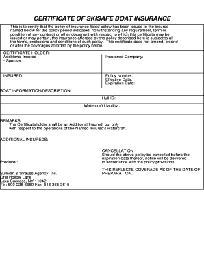 Certificate of Skisafe Boat Insurance