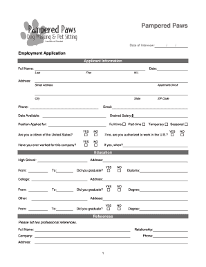 Pampered Paws Employment Application