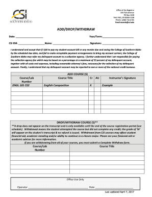 College of Southern Idaho Add/Drop/Withdraw Form