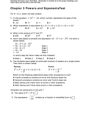 Chapter 3 Powers and Exponents Test