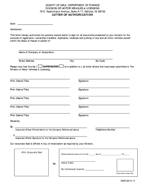 Hawaii Letter of Authorization for Motor Vehicle Transactions