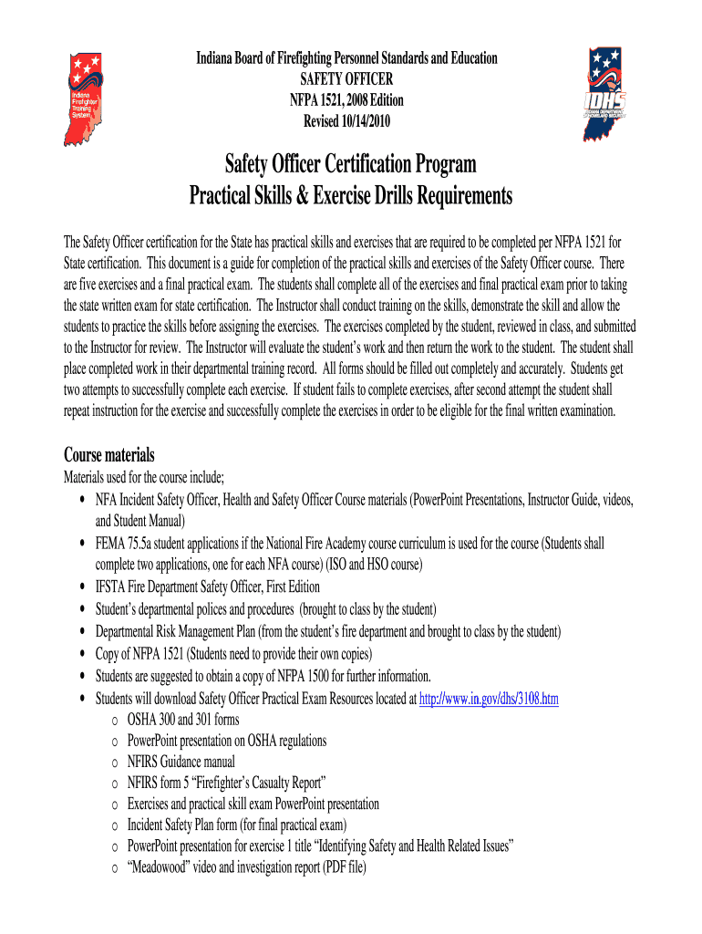 Fillable Online in Safety Officer Certification Program Practical Skills IN.gov Fax Email